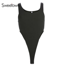 Load image into Gallery viewer, Sweetown Black Solid Basic Bodysuit Summer 2019 New Backless Sexy Body Women Fitness Clothing Off Shoulder Bodycon Bosysuits
