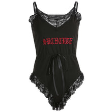 Load image into Gallery viewer, Rapwriter Summer Patchwork Lace Bodysuit Women Letter Embroidery Deep V Neck Sexy Bodysuit Drawstring Overalls Body Sleep Wear