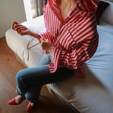 Load image into Gallery viewer, LANMREM koraen oversize Shirt famale 2020 Summer long sleeve loose red white stripes sunscreen temperament blouse women YJ213