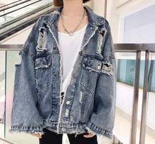 Load image into Gallery viewer, Autumn Spring Korean Women Hole Denim Jacket 2020 Loose Frayed Denim Bomber Jacket Manteau Femme Abrigo De Mujer
