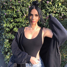 Load image into Gallery viewer, Sweetown Black Solid Basic Bodysuit Summer 2019 New Backless Sexy Body Women Fitness Clothing Off Shoulder Bodycon Bosysuits
