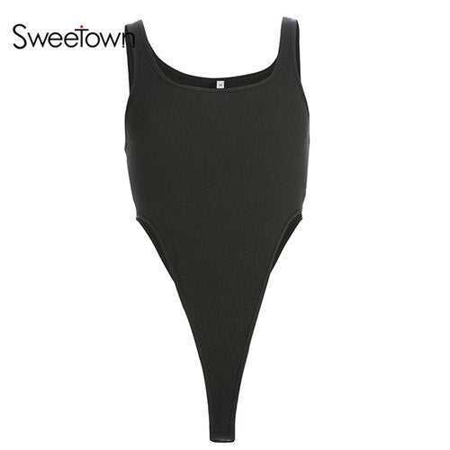 Sweetown Black Solid Basic Bodysuit Summer 2019 New Backless Sexy Body Women Fitness Clothing Off Shoulder Bodycon Bosysuits