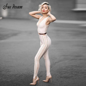 2019 Autumn   Hot Sale Chic Side Hollow Out Cross Criss Sexy Deep Vneck Women  Bandage  Christmas Jumpsuit