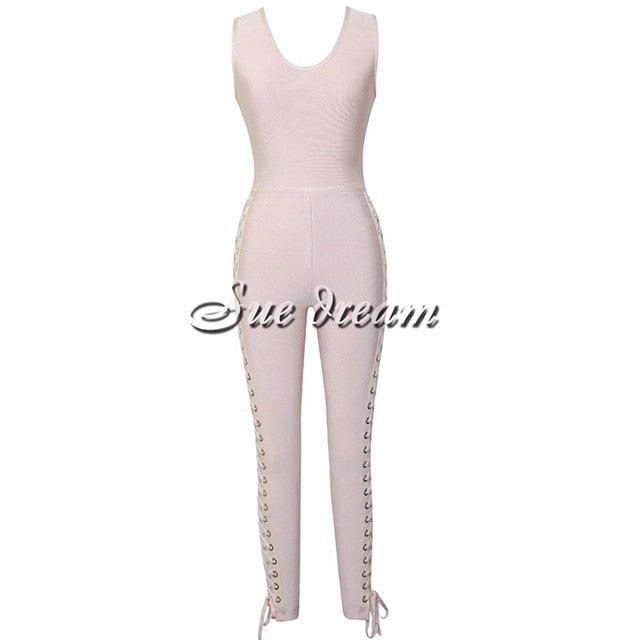 2019 Autumn   Hot Sale Chic Side Hollow Out Cross Criss Sexy Deep Vneck Women  Bandage  Christmas Jumpsuit