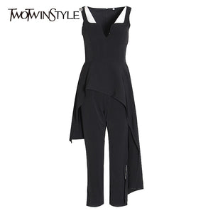 TWOTWINSTYLE Patchwork Ruffle Jumpsuit Women Strapless Tank Sleeveless High Waist Irregular Jumpsuits Female 2020 Spring Clothes