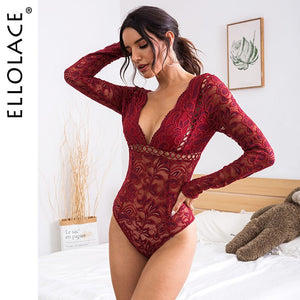 Ellolace Long Sleeve Lace Bodysuit Women Deep-V Backless Body Mesh See Through Rompers Bodycon Overalls Feminino Sexy Bodys