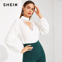 Load image into Gallery viewer, SHEIN White Choker Neck Eyelash Contrast Lace Trim Cut Out Plain Top Women Regular Fit 2019 Spring Going Out Tops and Blouses
