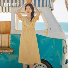 Load image into Gallery viewer, INMAN 2020 Summer New Arriavl V-neck Petal Sleeve French Style Nipped Waist Dress
