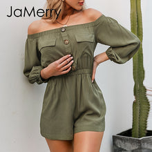 Load image into Gallery viewer, JaMerry sexy off shoulder women playsuit Casual Lantern sleeve buttons pockets rompers jumpsuit Spring summer office overalls
