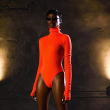 Load image into Gallery viewer, Simenual Solid Ruched Casual Fashion Women Bodysuits Long Sleeve Turtleneck Ribbed Skinny Overalls One Piece Bodycon Bodysuit
