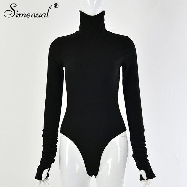 Simenual Solid Ruched Casual Fashion Women Bodysuits Long Sleeve Turtleneck Ribbed Skinny Overalls One Piece Bodycon Bodysuit