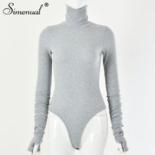 Load image into Gallery viewer, Simenual Solid Ruched Casual Fashion Women Bodysuits Long Sleeve Turtleneck Ribbed Skinny Overalls One Piece Bodycon Bodysuit
