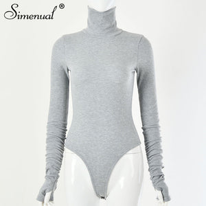 Simenual Solid Ruched Casual Fashion Women Bodysuits Long Sleeve Turtleneck Ribbed Skinny Overalls One Piece Bodycon Bodysuit