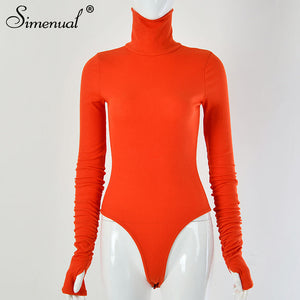 Simenual Solid Ruched Casual Fashion Women Bodysuits Long Sleeve Turtleneck Ribbed Skinny Overalls One Piece Bodycon Bodysuit