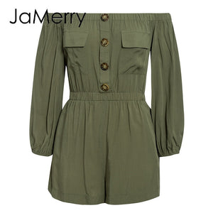 JaMerry sexy off shoulder women playsuit Casual Lantern sleeve buttons pockets rompers jumpsuit Spring summer office overalls