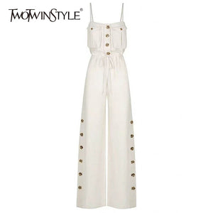 TWOTWINSTYLE Strap Off Shoulder Sexy Jumpsuit Women High Waist Button Big Size Wide Leg Pants Female Fashion New Tide 2020