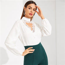 Load image into Gallery viewer, SHEIN White Choker Neck Eyelash Contrast Lace Trim Cut Out Plain Top Women Regular Fit 2019 Spring Going Out Tops and Blouses
