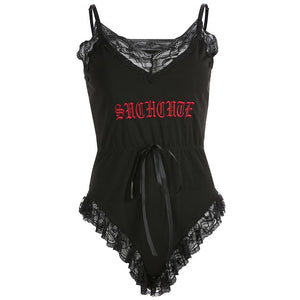 Rapwriter Summer Patchwork Lace Bodysuit Women Letter Embroidery Deep V Neck Sexy Bodysuit Drawstring Overalls Body Sleep Wear