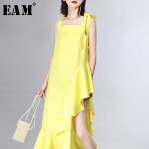 [EAM] Women Dress New Strapless Sleeveless Loose Fit Ruffles Spliced Bandage Irregular Fashion Tide Spring Summer 2020 JZ346