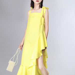 [EAM] Women Dress New Strapless Sleeveless Loose Fit Ruffles Spliced Bandage Irregular Fashion Tide Spring Summer 2020 JZ346