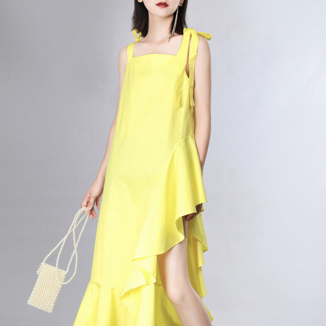 [EAM] Women Dress New Strapless Sleeveless Loose Fit Ruffles Spliced Bandage Irregular Fashion Tide Spring Summer 2020 JZ346