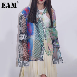 [EAM] Women Pattern Print Perspective Blouse New V-collar Long Sleeve Loose Fit Shirt Fashion Tide Spring Autumn 2020 1S118