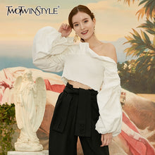Load image into Gallery viewer, TWOTWINSTYLE Ruched Ruffles Blouses Womens Slash Neck Lantern Long Sleeve Slim Short Shirts For Female Fashion Clothes 2020 Tide
