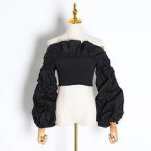 Load image into Gallery viewer, TWOTWINSTYLE Ruched Ruffles Blouses Womens Slash Neck Lantern Long Sleeve Slim Short Shirts For Female Fashion Clothes 2020 Tide
