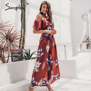 Simplee Bohemian floral print women jumpsuit Elegant off shoulder sashes ladies long jumpsuit Summer ruffled female playsuit