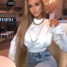 Load image into Gallery viewer, NewAsia Silky Elegant Bodysuit Women High Neck Split Cuff Party Bodysuits Solid Sexy Playsuit 2020 Streetwear Outfits Club Body
