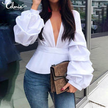 Load image into Gallery viewer, S-5XL Celmia Women Sexy V neck Fashion Blouse Long Lantern Sleeve Elegant Office Shirt Solid Casual Tunic Top Party Blusas Femme
