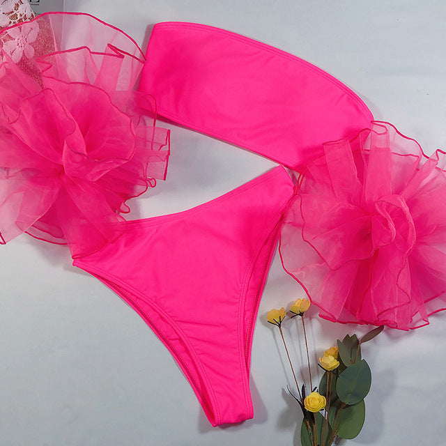 In-X Mesh ruffle swimsuit female Sexy bandeau bikini 2020 Strapless swimwear women High waist bikini set Black pink bathing suit