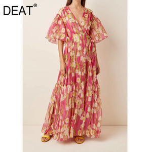 DEAT 2020 new summer fashion women clothes V-neck flare sleeves printed linen pullover big mesh female dresses tide WL40405L