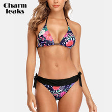 Load image into Gallery viewer, Charmleaks Women Bikini Set Flower Print Swimsuit Halter Swimwear Strappy Bandaged Sexy Bathing Suit Beachwear
