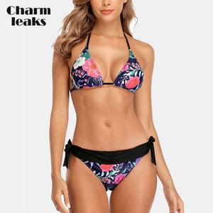 Charmleaks Women Bikini Set Flower Print Swimsuit Halter Swimwear Strappy Bandaged Sexy Bathing Suit Beachwear