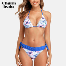 Load image into Gallery viewer, Charmleaks Women Bikini Set Flower Print Swimsuit Halter Swimwear Strappy Bandaged Sexy Bathing Suit Beachwear
