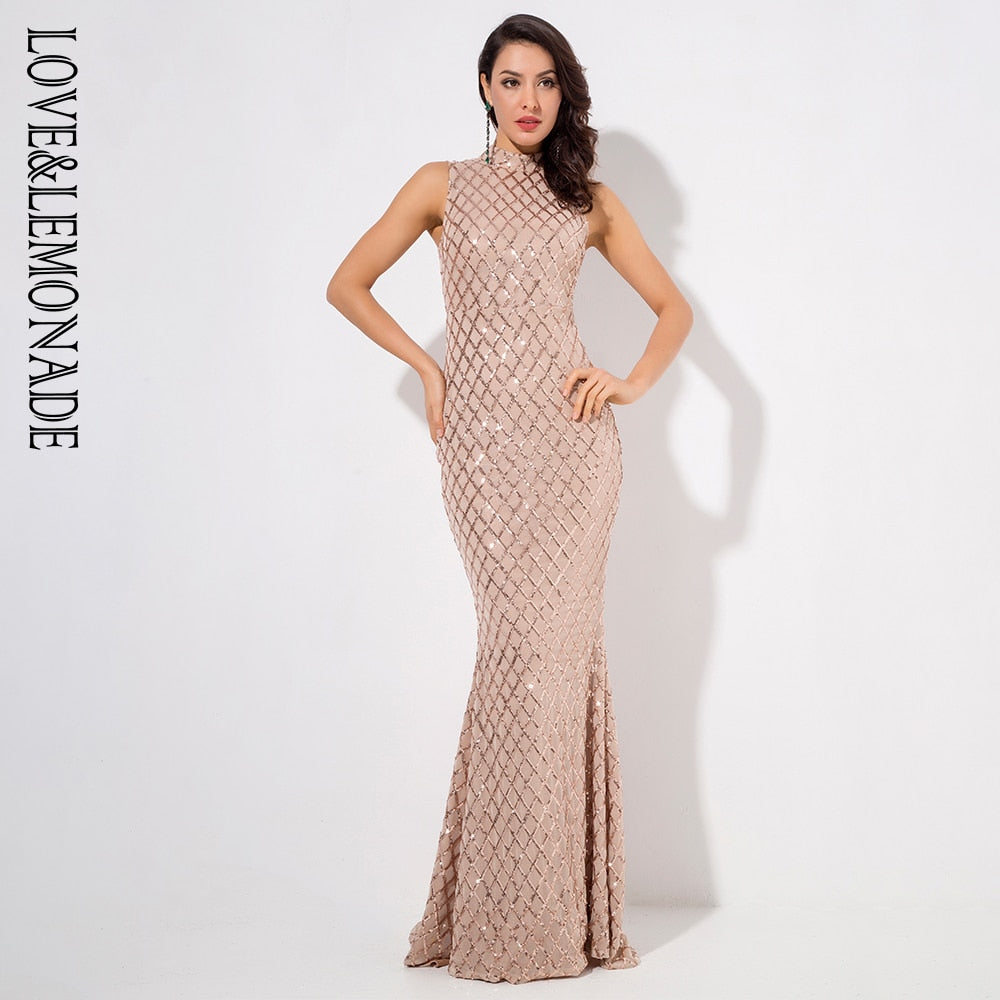 LOVE & LEMONADE   Stand Slim-Fit Sleeveless Plaid Sequins Long Dress LM81291