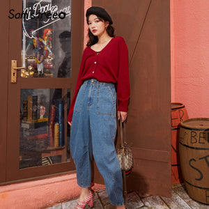 SAM'S TREE Blue Solid High Waist Washed Korean Jeans Women 2020 Spring Colorblock Applique Straight Casual Ladies Cargo Pants