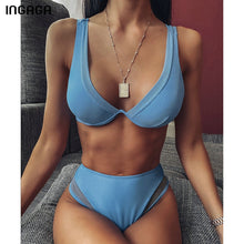 Load image into Gallery viewer, INGAGA 2020 Bikinis High Waist Swimsuits Top Wrap Swimwear Women Patchwork Mesh Biquini Bathing Suits Sexy V-neck Beachwear
