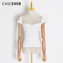 Load image into Gallery viewer, CHICEVER Sexy Hollow Out Knitting Shirt Women Square Collar Short Sleeve Slim Tunic Blouse Female Fashion Clothes 2020 Spring
