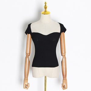 CHICEVER Sexy Hollow Out Knitting Shirt Women Square Collar Short Sleeve Slim Tunic Blouse Female Fashion Clothes 2020 Spring