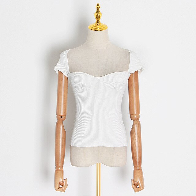 CHICEVER Sexy Hollow Out Knitting Shirt Women Square Collar Short Sleeve Slim Tunic Blouse Female Fashion Clothes 2020 Spring