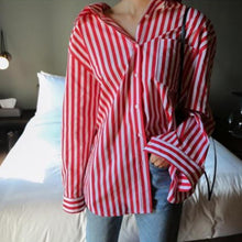 Load image into Gallery viewer, LANMREM koraen oversize Shirt famale 2020 Summer long sleeve loose red white stripes sunscreen temperament blouse women YJ213
