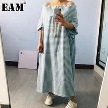 Load image into Gallery viewer, [EAM] Women Striped Split Big Size Long Dress New Slash Neck Three-quarter Sleeve Loose Fit Fashion Spring Summer  2020 1T203
