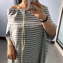 Load image into Gallery viewer, [EAM] Women Striped Split Big Size Long Dress New Slash Neck Three-quarter Sleeve Loose Fit Fashion Spring Summer  2020 1T203
