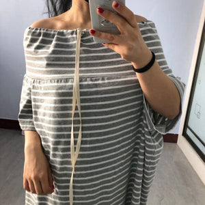 [EAM] Women Striped Split Big Size Long Dress New Slash Neck Three-quarter Sleeve Loose Fit Fashion Spring Summer  2020 1T203