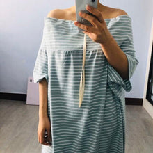 Load image into Gallery viewer, [EAM] Women Striped Split Big Size Long Dress New Slash Neck Three-quarter Sleeve Loose Fit Fashion Spring Summer  2020 1T203
