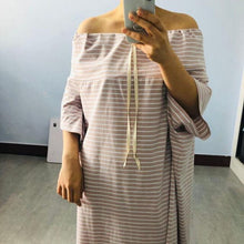 Load image into Gallery viewer, [EAM] Women Striped Split Big Size Long Dress New Slash Neck Three-quarter Sleeve Loose Fit Fashion Spring Summer  2020 1T203
