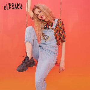 ELFSACK Blue Solid Embroidery Casual Women Overall Denim Jeans 2020 Spring New Pocket Straight Korean Ladies Daily Jumpsuits