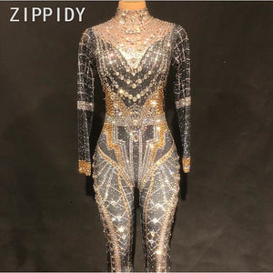 Bling Big Crystals Stretch Jumpsuit Female Singer Bodysuit Rhinestones Leggings Women's Birthday Party Nightclub Show Stage Wear